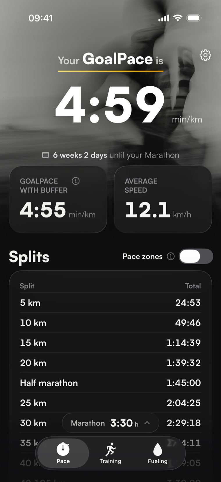 GoalPace showing the exact race pace for a goal finish time, with the race countdown and splits.